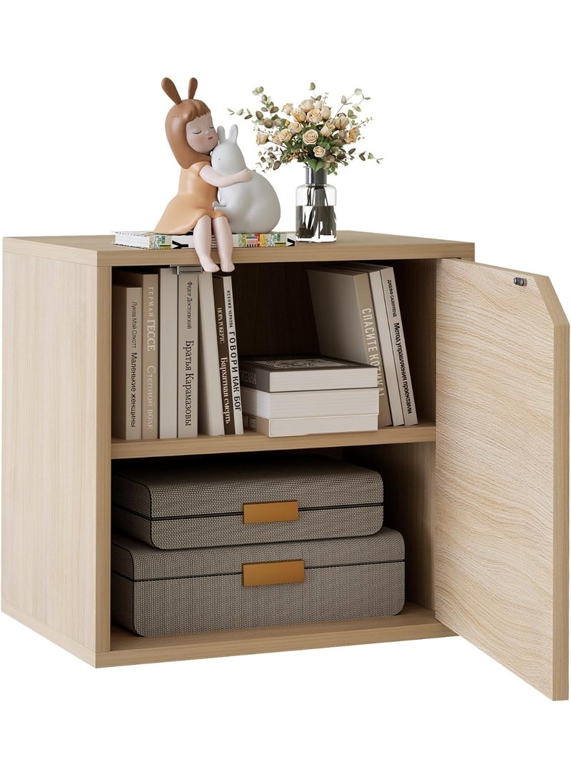 Storage Cube 2 Tiers Natural Stackable Storage Shelf with Door, Cubby Organizer Wooden Display Shelf Closet Organizer,Modern Cubical Bookcase Small Storage Cabinet for Living Room Bedroom - Image 1